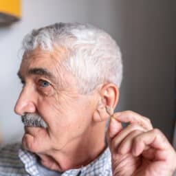 Senior man showing his in-the-canal hearing aid